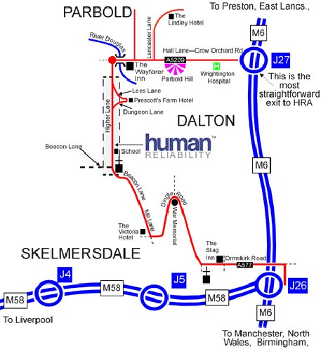 Map showing directions to Human Reliability from nearest motorway junctions